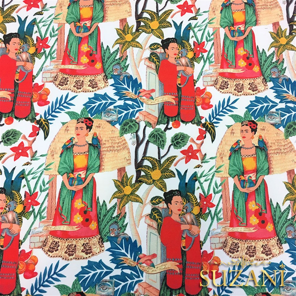 Beyaz Zemin Frida Kahlo Desenli Kumaş