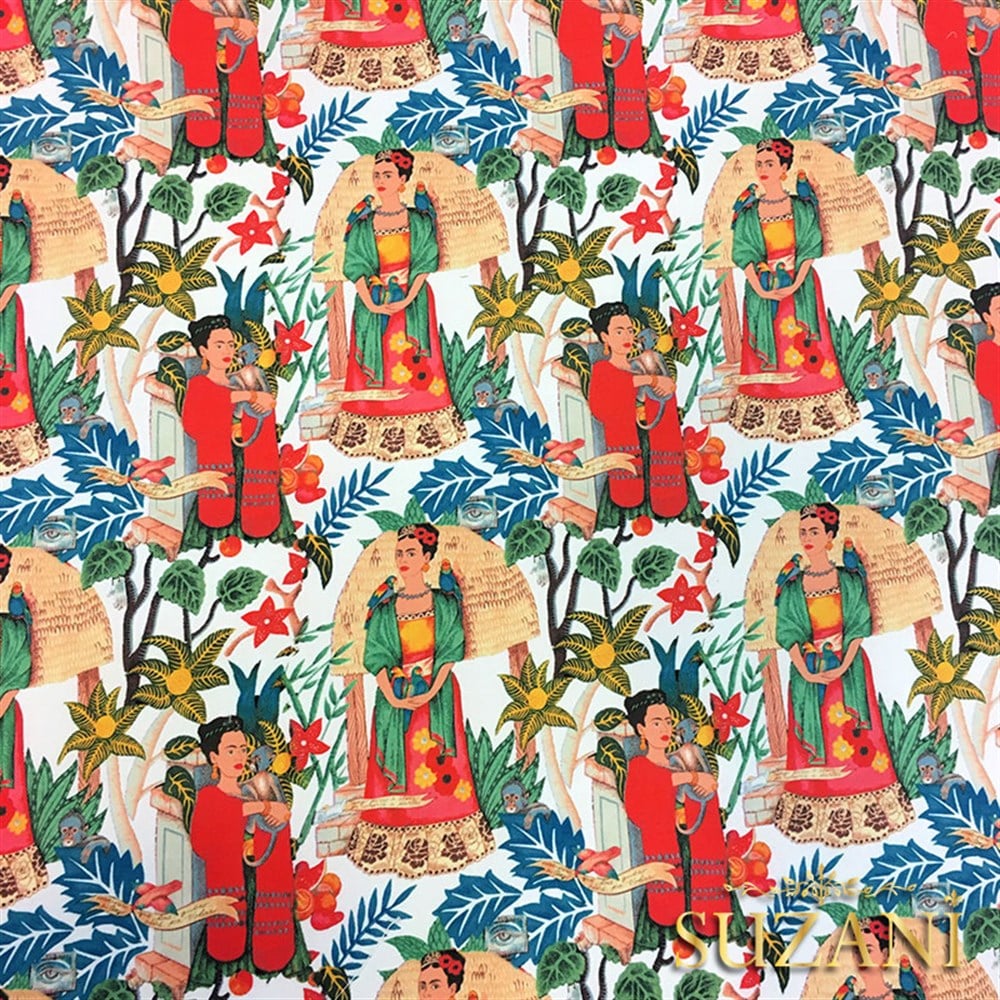 Beyaz Zemin Frida Kahlo Desenli Kumaş