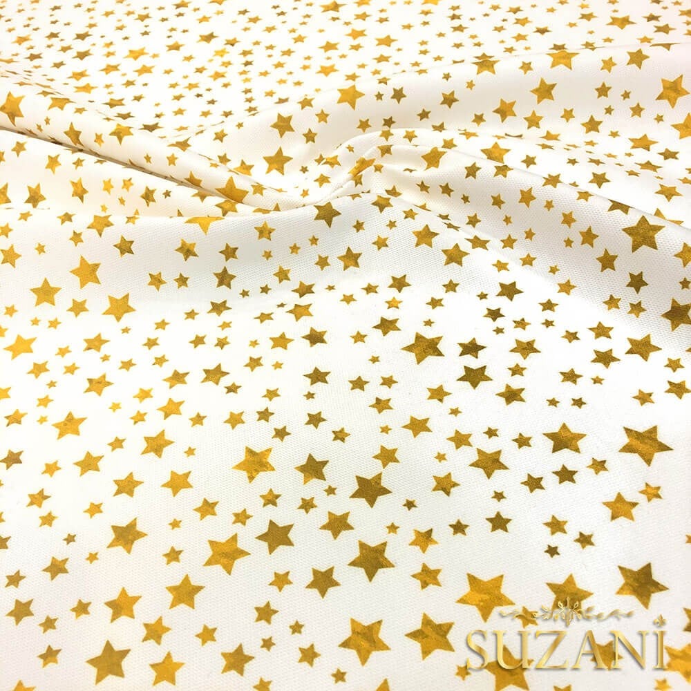 Beyaz Zemin Gold Yıldız Desenli Dijital Baskılı Kumaş