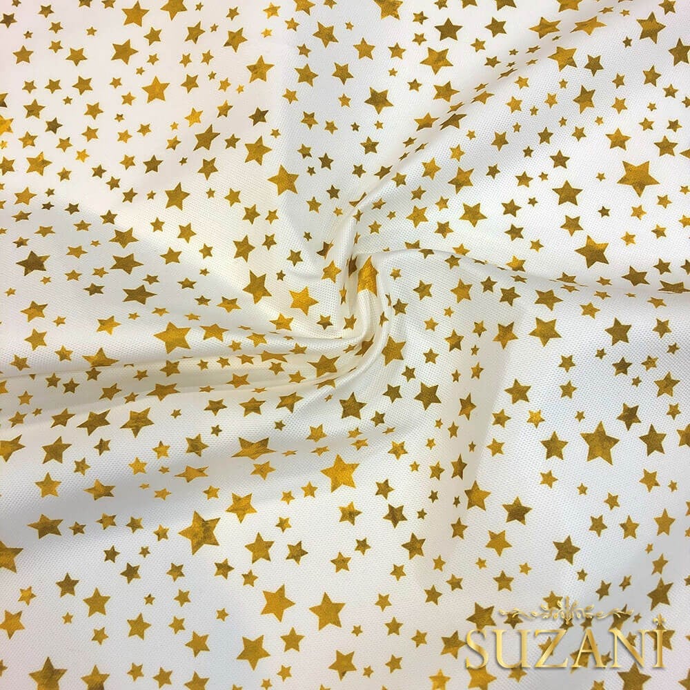 Beyaz Zemin Gold Yıldız Desenli Dijital Baskılı Kumaş