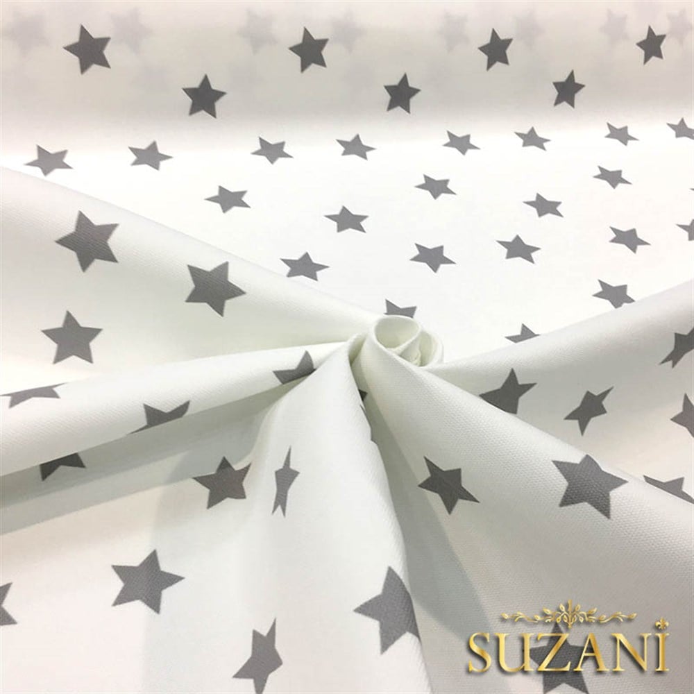 Beyaz Zemin Gri Dağınık Yıldız Döşemelik Kumaş
