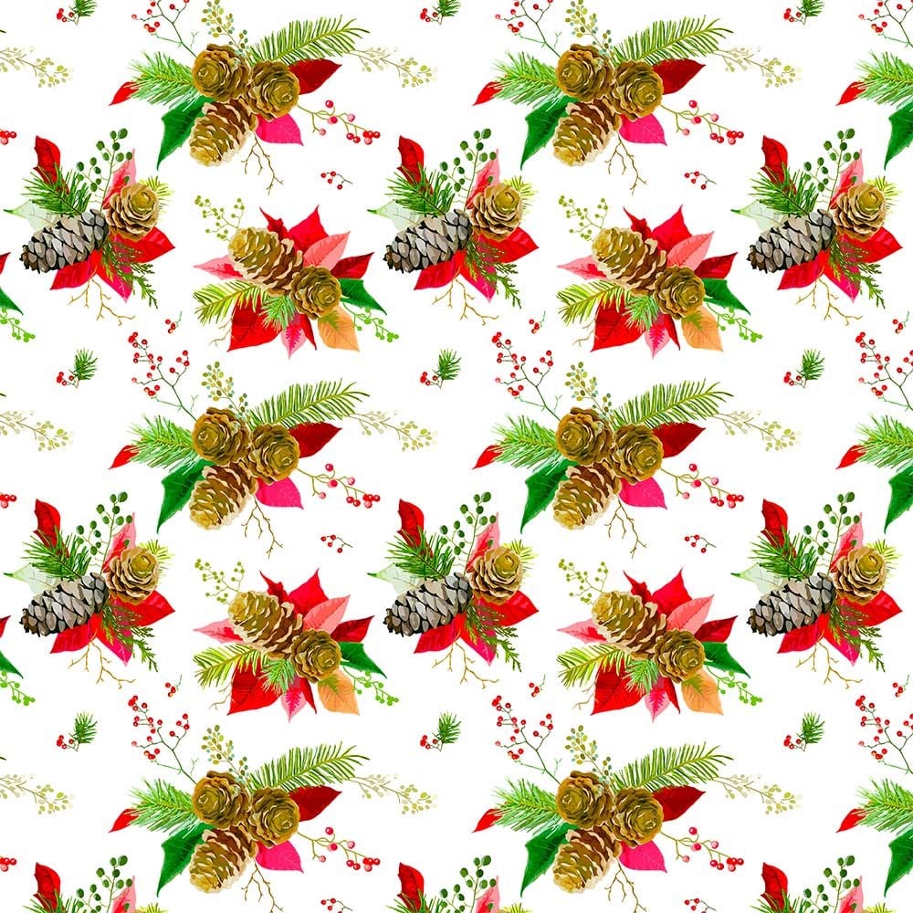 Beyaz Zemin Kozalak Yılbaşı Desenli Kumaş