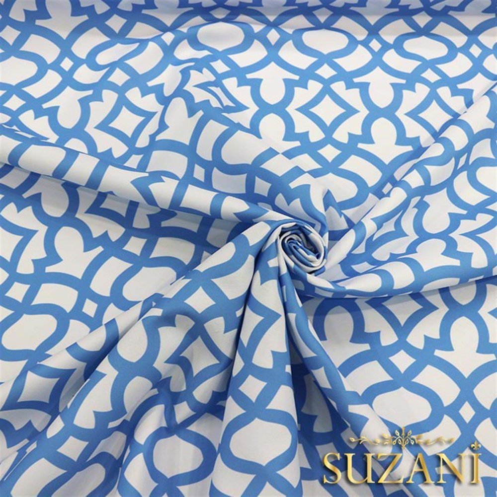 Beyaz Zemin Üzeri Mavi Ottoman Desenli Kumaş