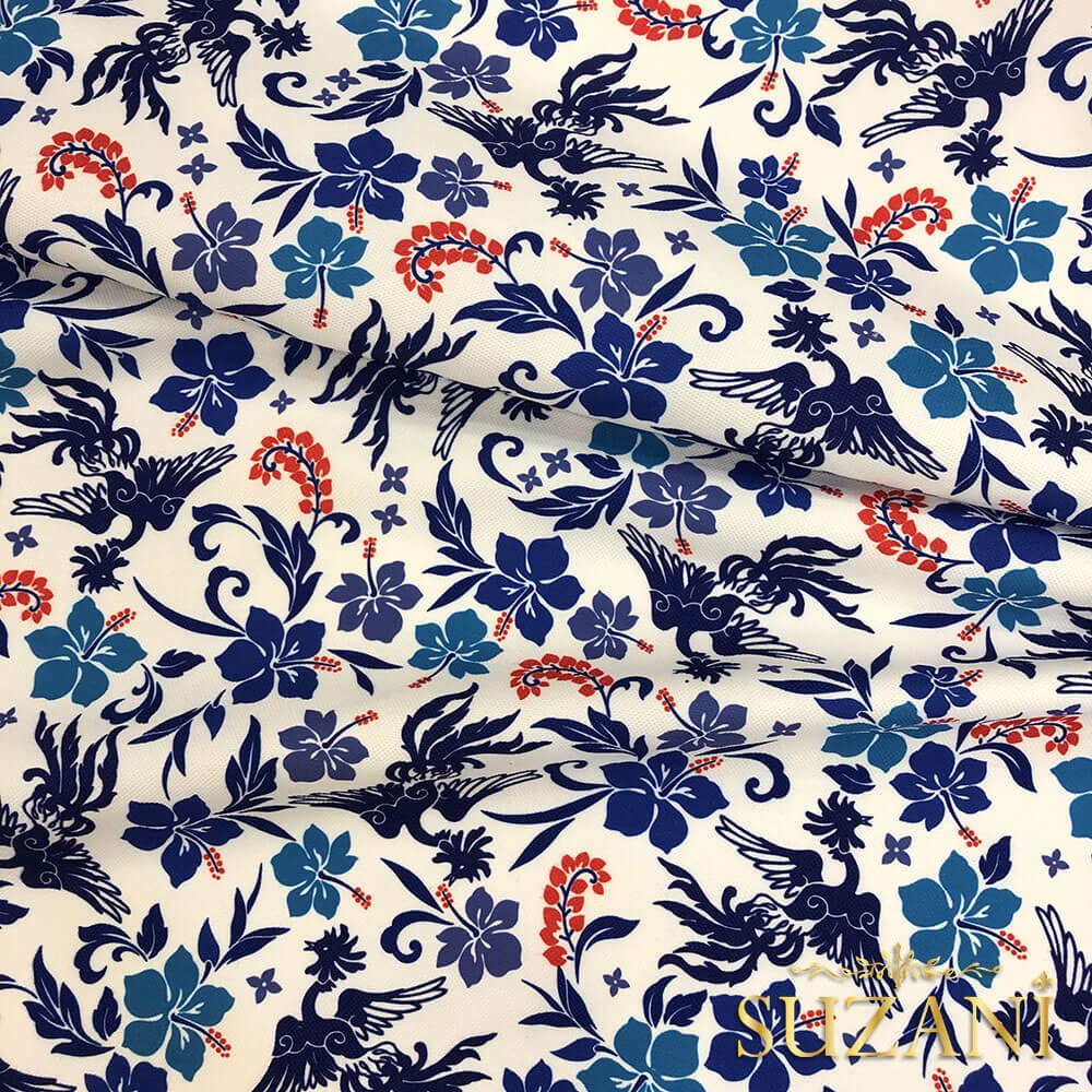 Blue Blanc Çiçek Desenli Dijital Baskılı Kumaş