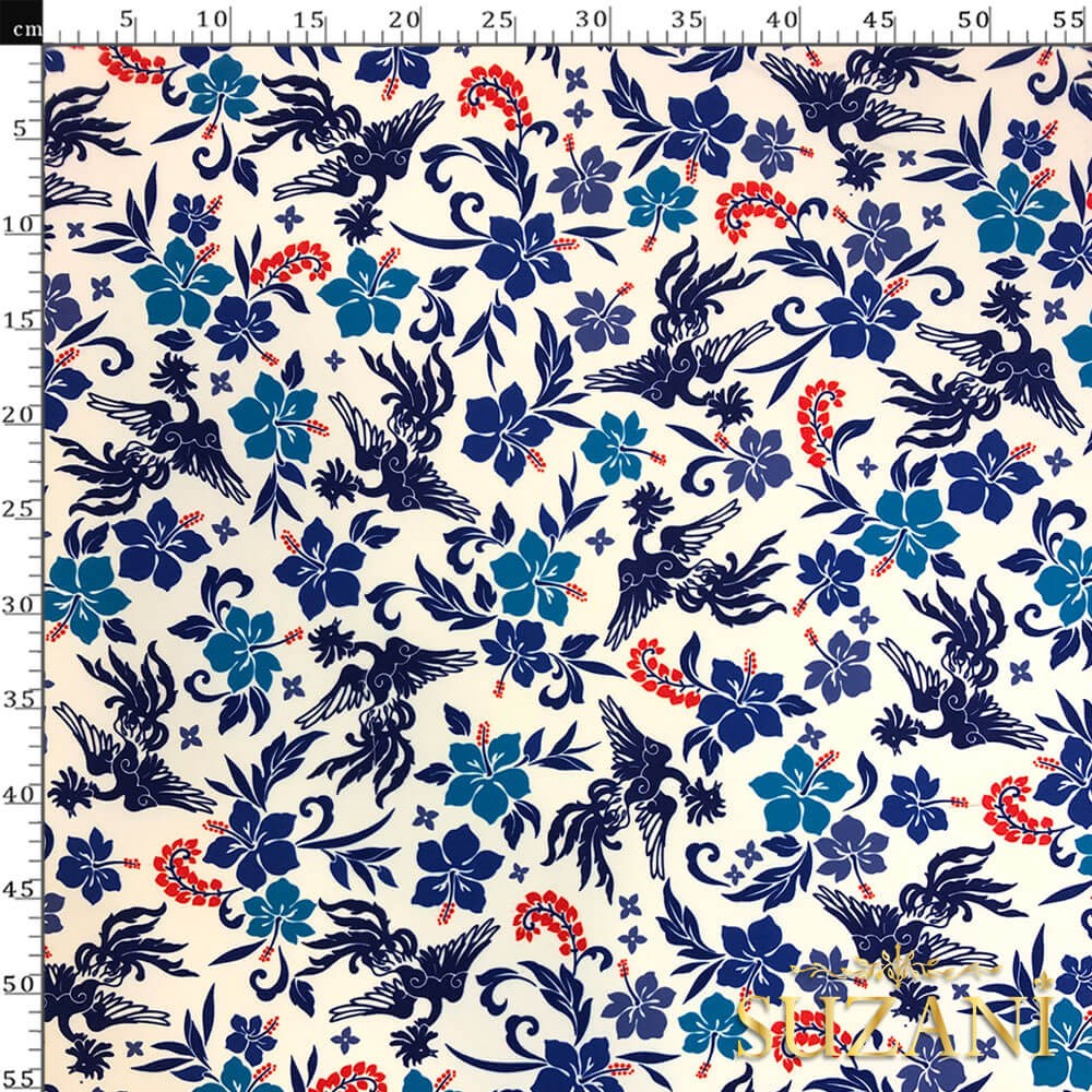 Blue Blanc Çiçek Desenli Dijital Baskılı Kumaş