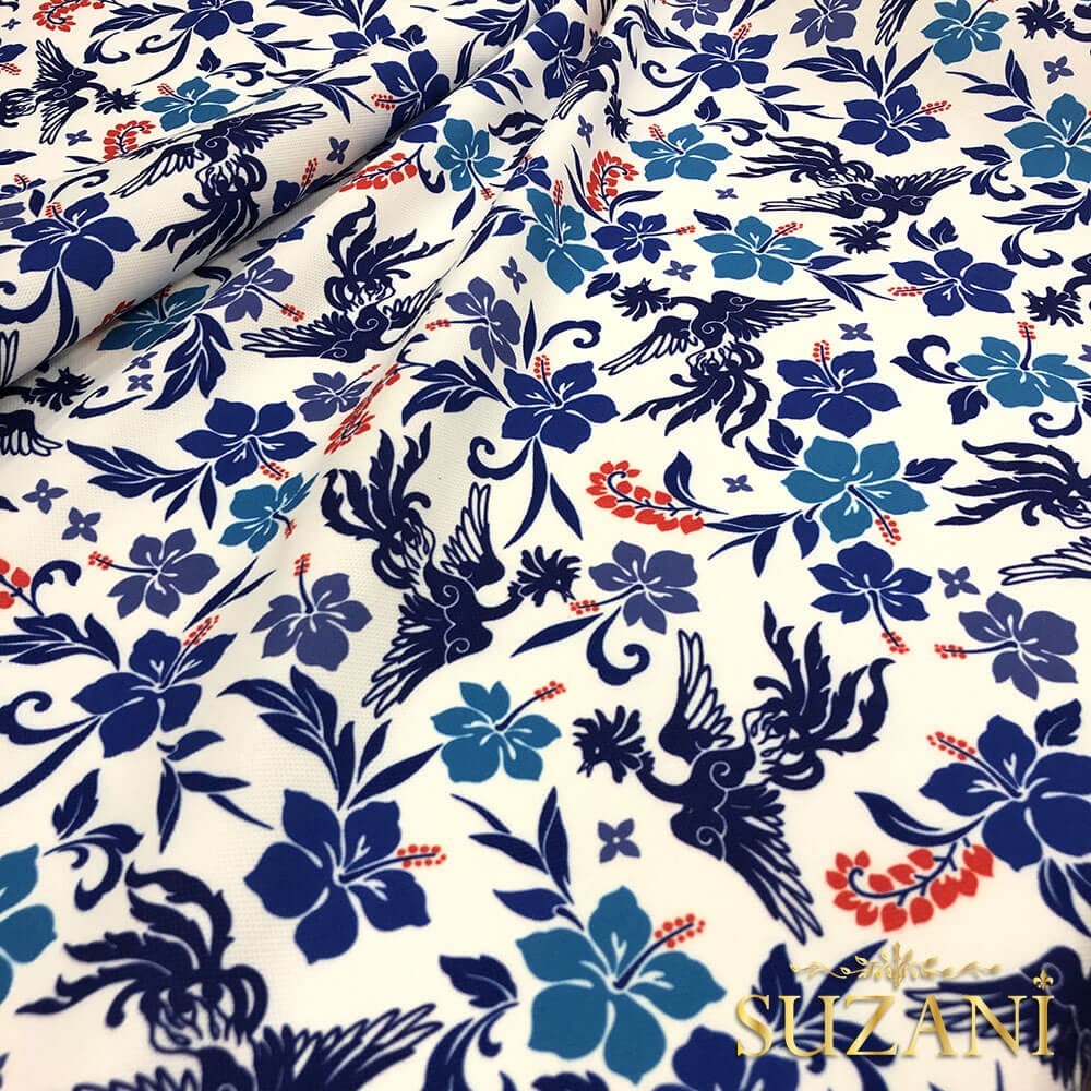 Blue Blanc Çiçek Desenli Dijital Baskılı Kumaş
