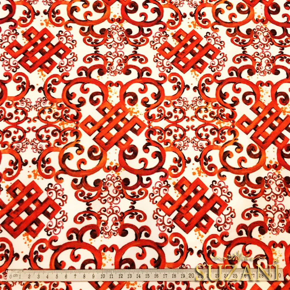 Bordo Turuncu Fayans Desenli Kumaş