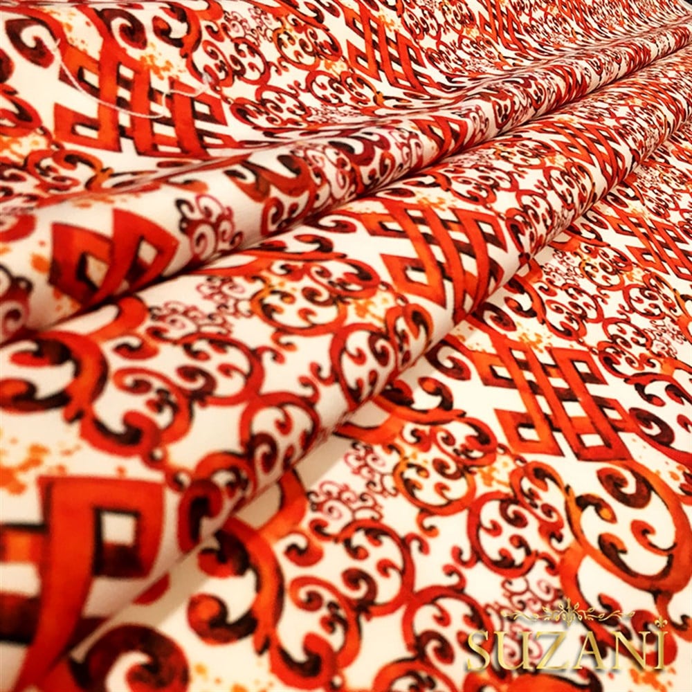 Bordo Turuncu Fayans Desenli Kumaş