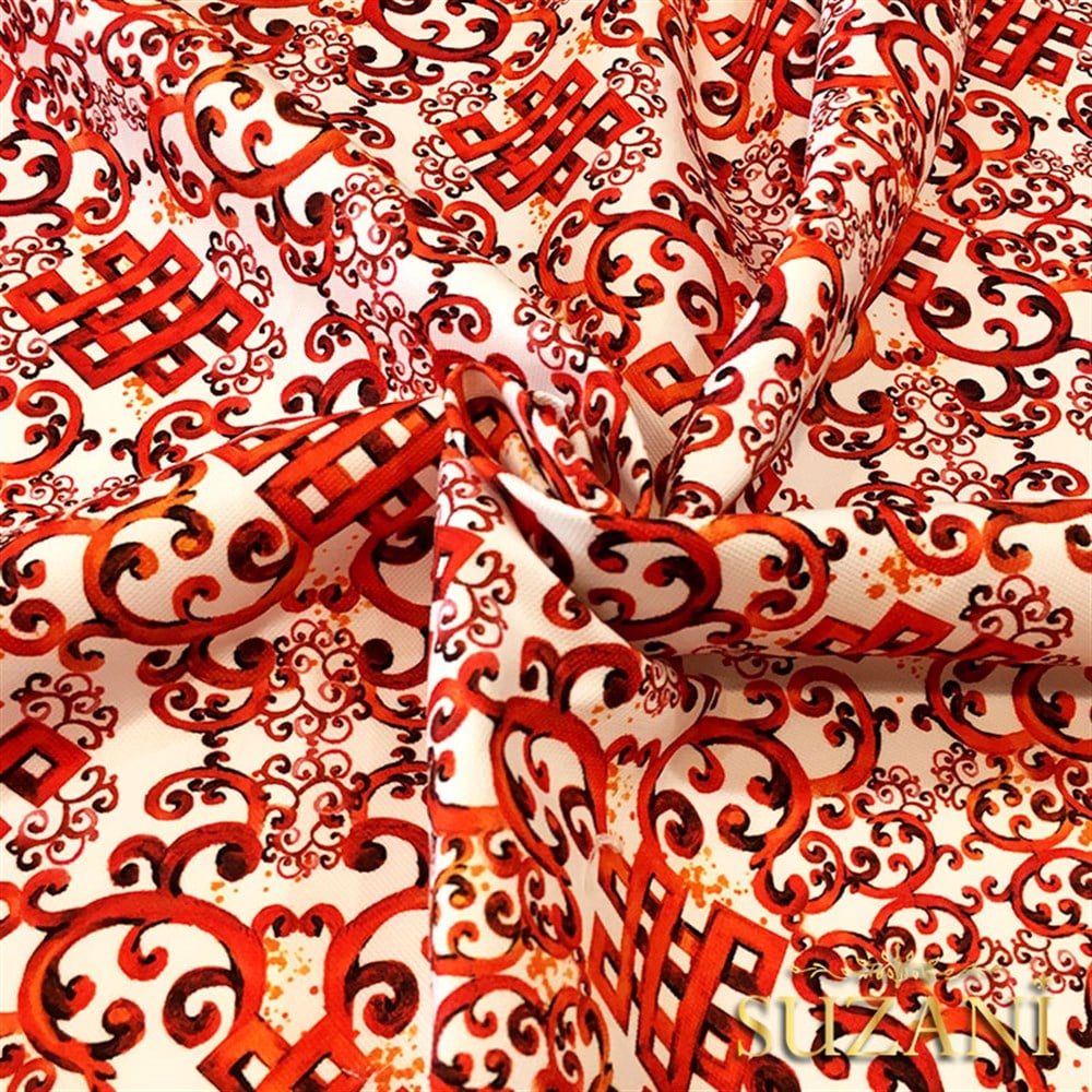 Bordo Turuncu Fayans Desenli Kumaş