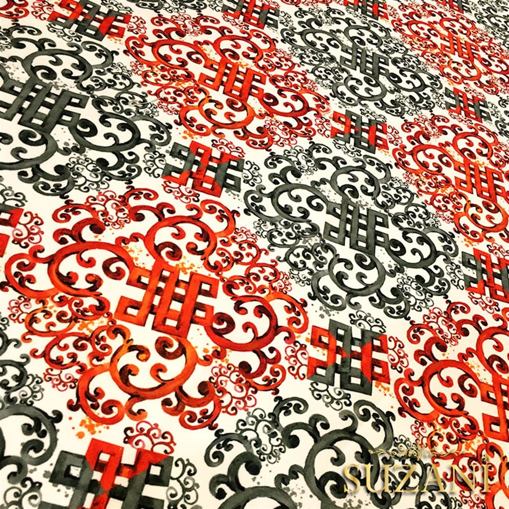 Bordo Turuncu Gri Fayans Desenli Kumaş