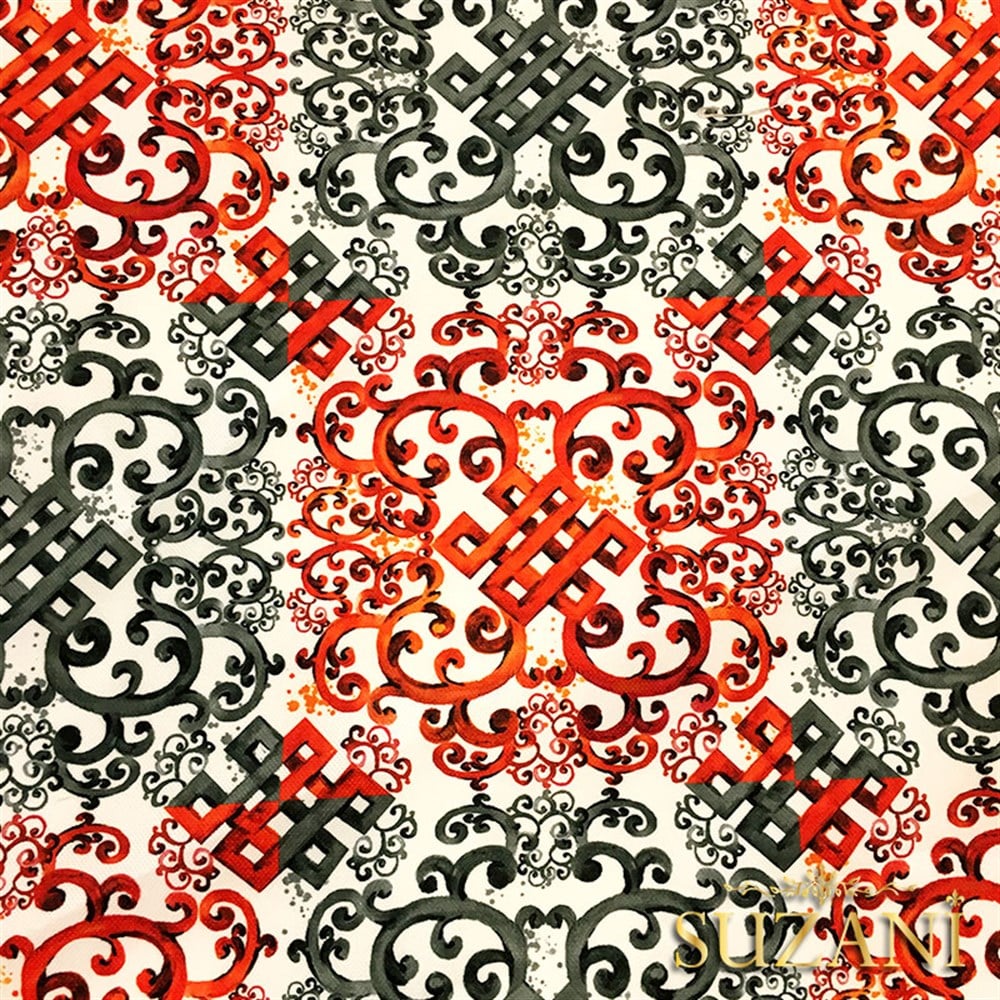 Bordo Turuncu Gri Fayans Desenli Kumaş