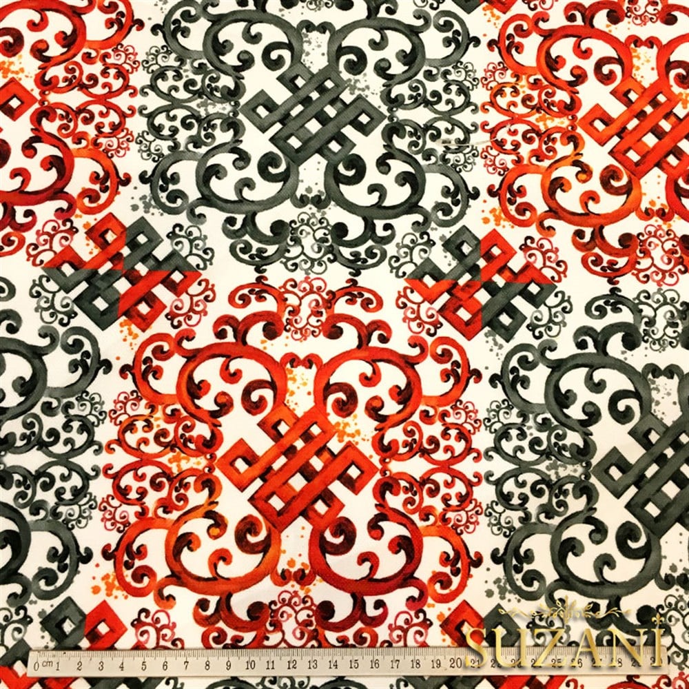 Bordo Turuncu Gri Fayans Desenli Kumaş