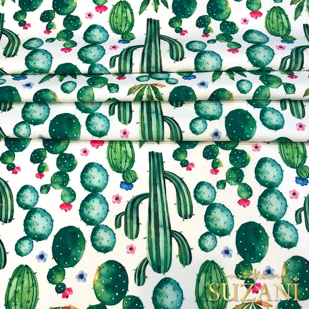 Çiçekli Kaktüs Desenli Dijital Baskılı Kumaş
