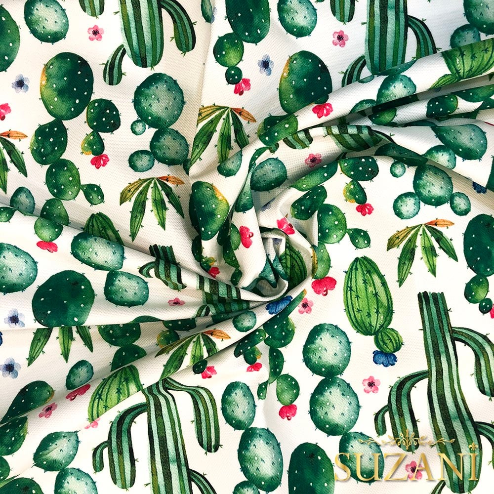 Çiçekli Kaktüs Desenli Dijital Baskılı Kumaş
