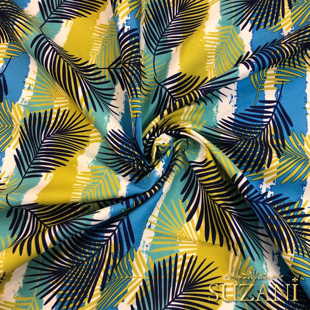 Çizgi Üzeri Yaprak Desenli Dijital Baskılı Kumaş