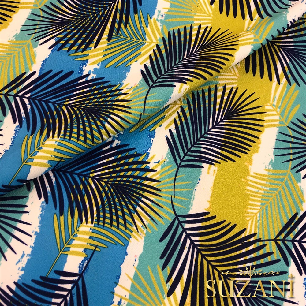 Çizgi Üzeri Yaprak Desenli Dijital Baskılı Kumaş