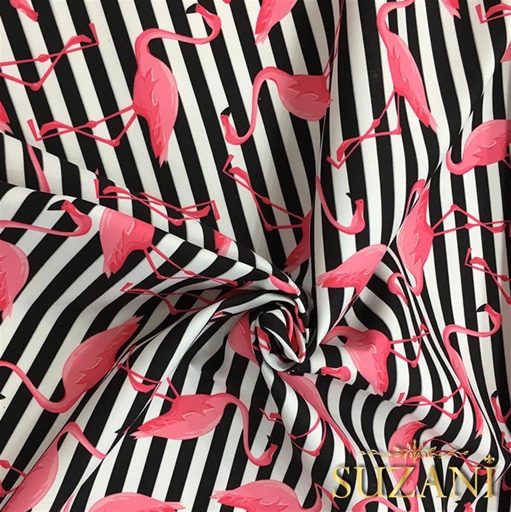 Çizgiler Üzeri Pembe Flamingo Desenli Kumaş