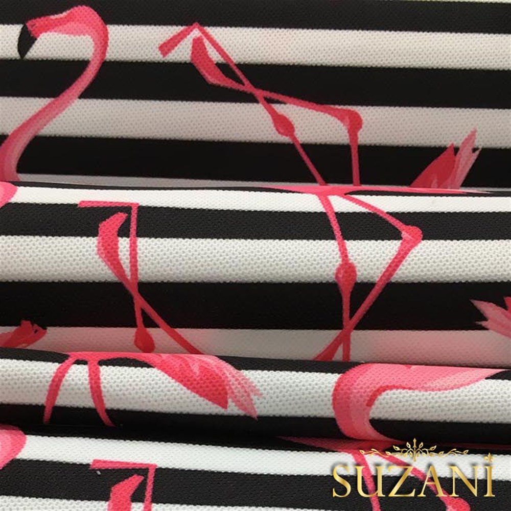 Çizgiler Üzeri Pembe Flamingo Desenli Kumaş