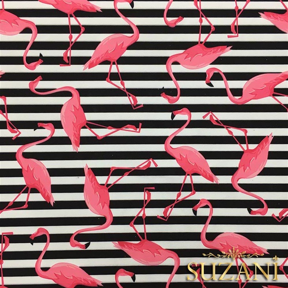 Çizgiler Üzeri Pembe Flamingo Desenli Kumaş