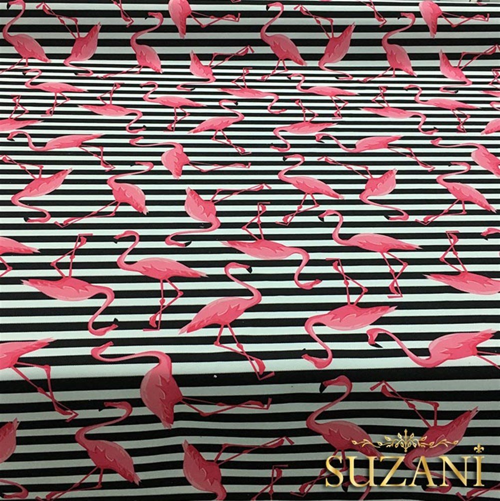 Çizgiler Üzeri Pembe Flamingo Desenli Kumaş
