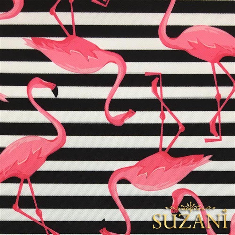Çizgiler Üzeri Pembe Flamingo Desenli Kumaş
