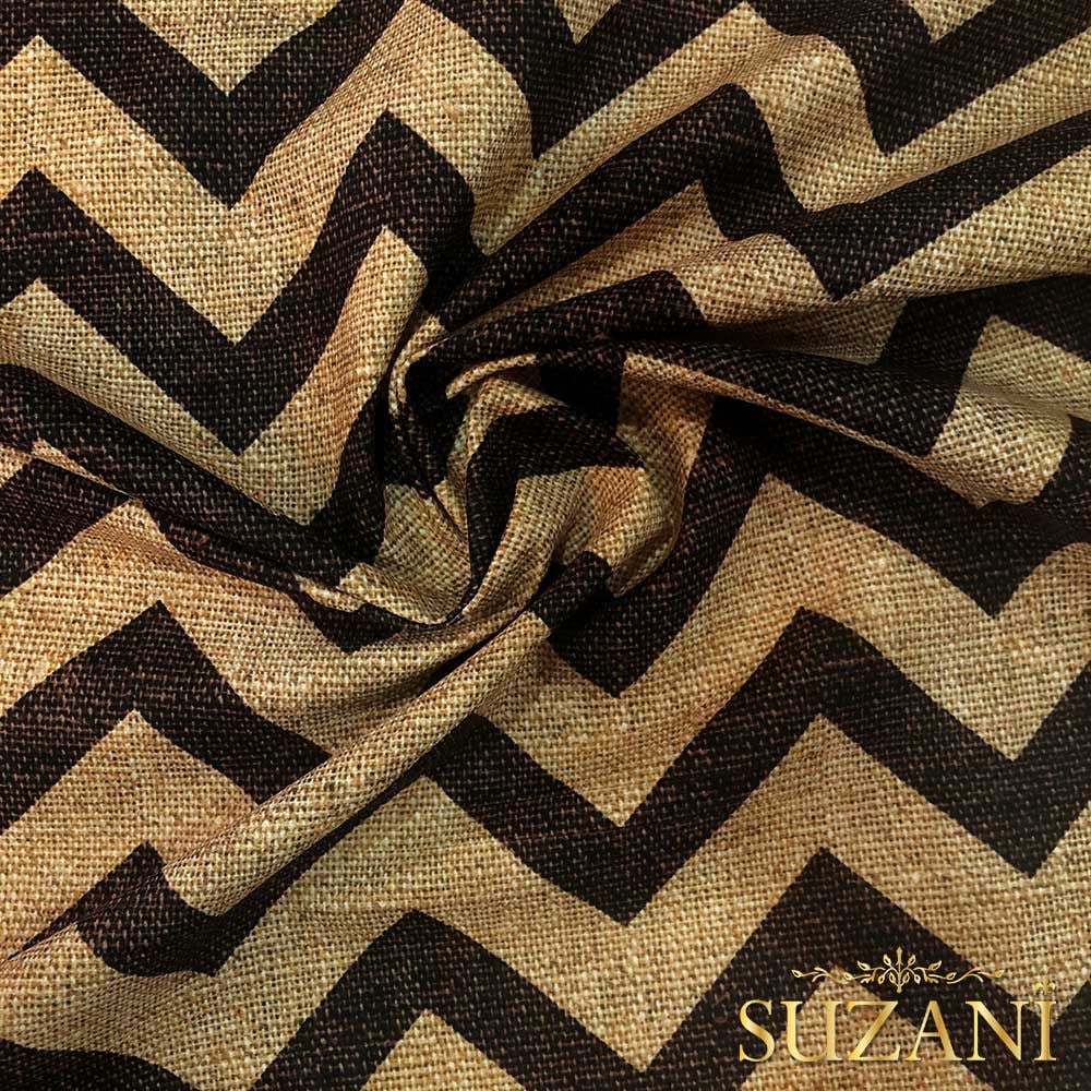 Çuval Zemin Kahve Zigzag Desenli Dijital Baskılı Kumaş