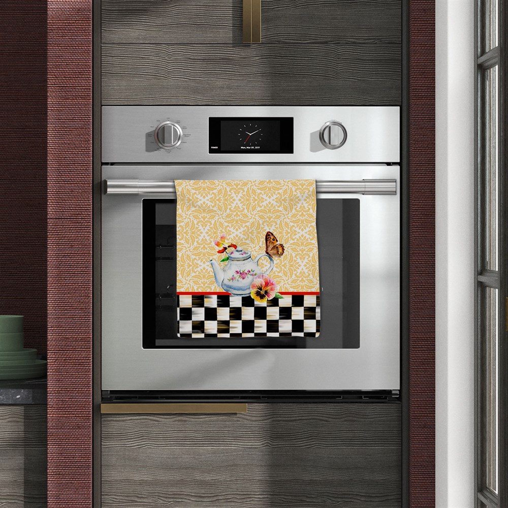 Damalı Çaydanlık Desenli Dikişsiz 4'lü Fırın Örtüsü Kumaşı