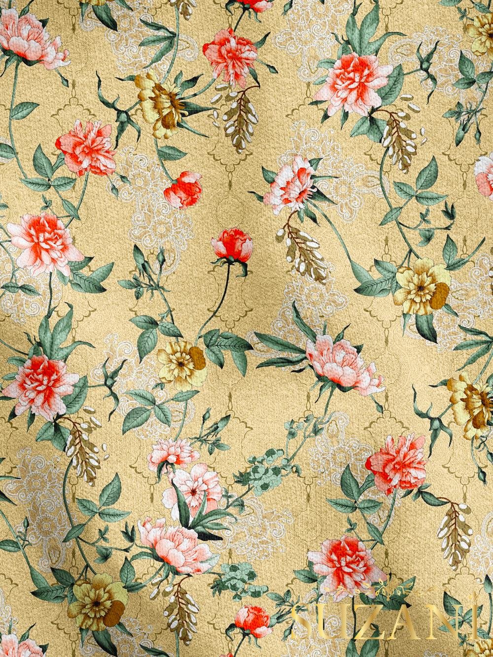 Damask Çiçek Desenli Dijital Baskılı Kumaş