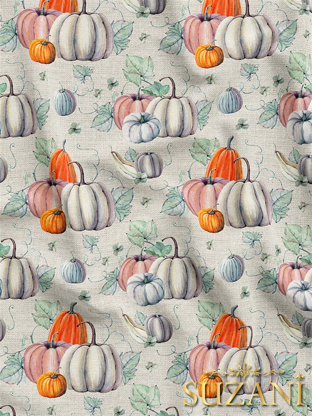 Doku Efektli Zemin Üzeri Balkabağı Desenli Dijital Baskılı Kumaş