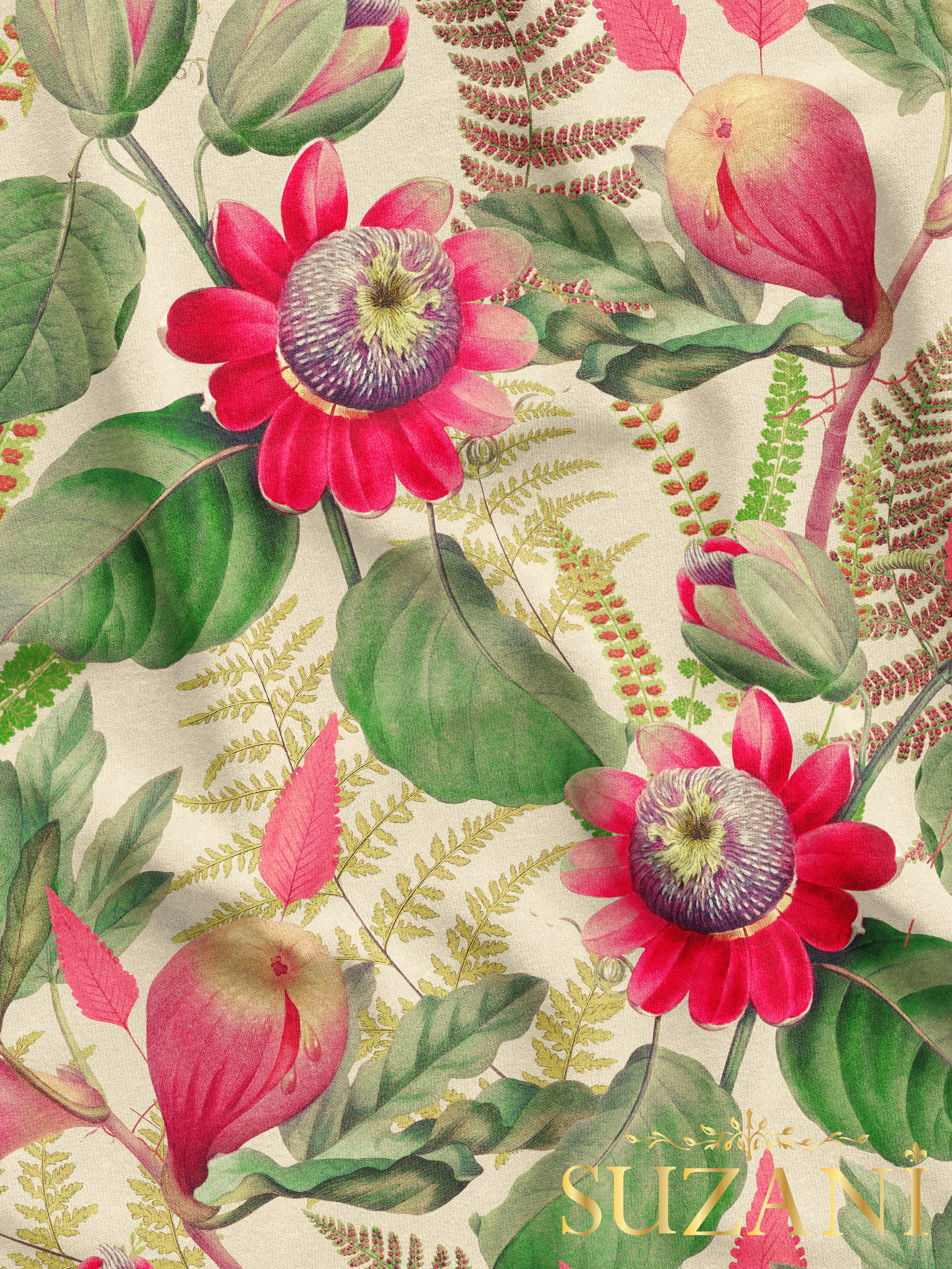 Egzotik Çiçek İncir Desenli Dijital Baskılı Kumaş