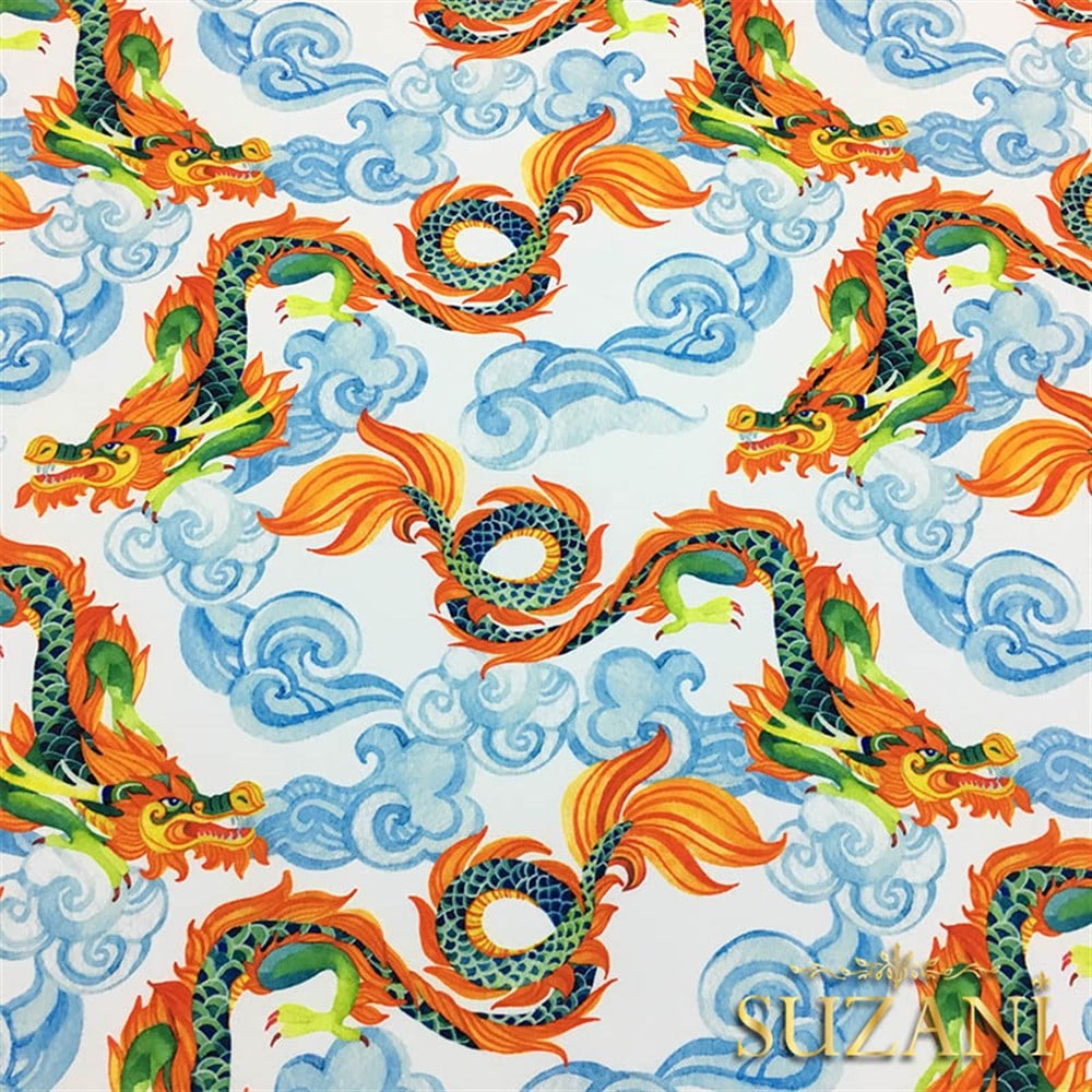 Ejderha ve Bulutlar Desenli Kumaş