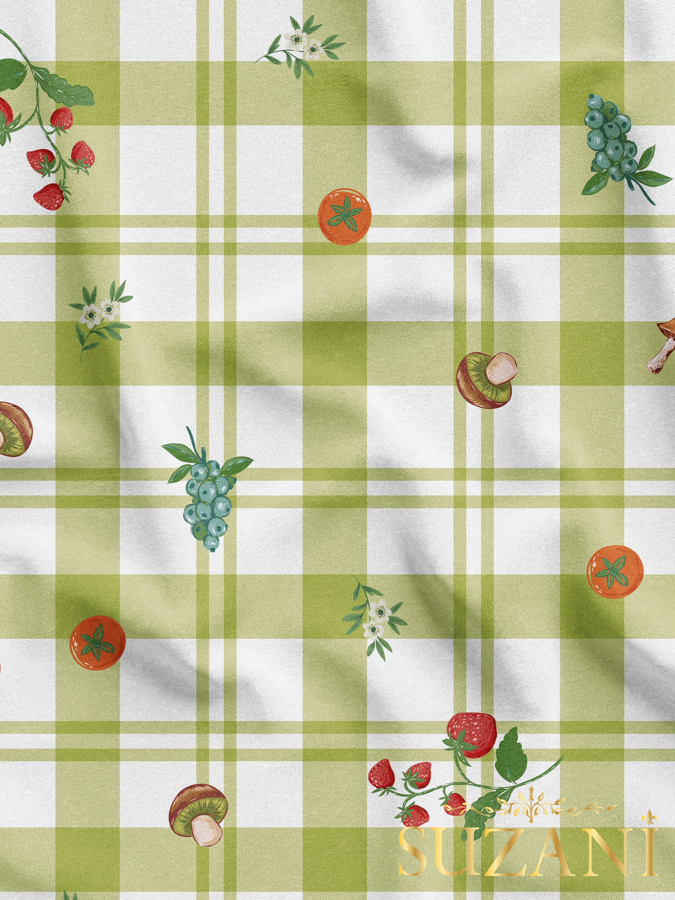 Ekose Kareli Sebze Desenli Dijital Baskılı Kumaş