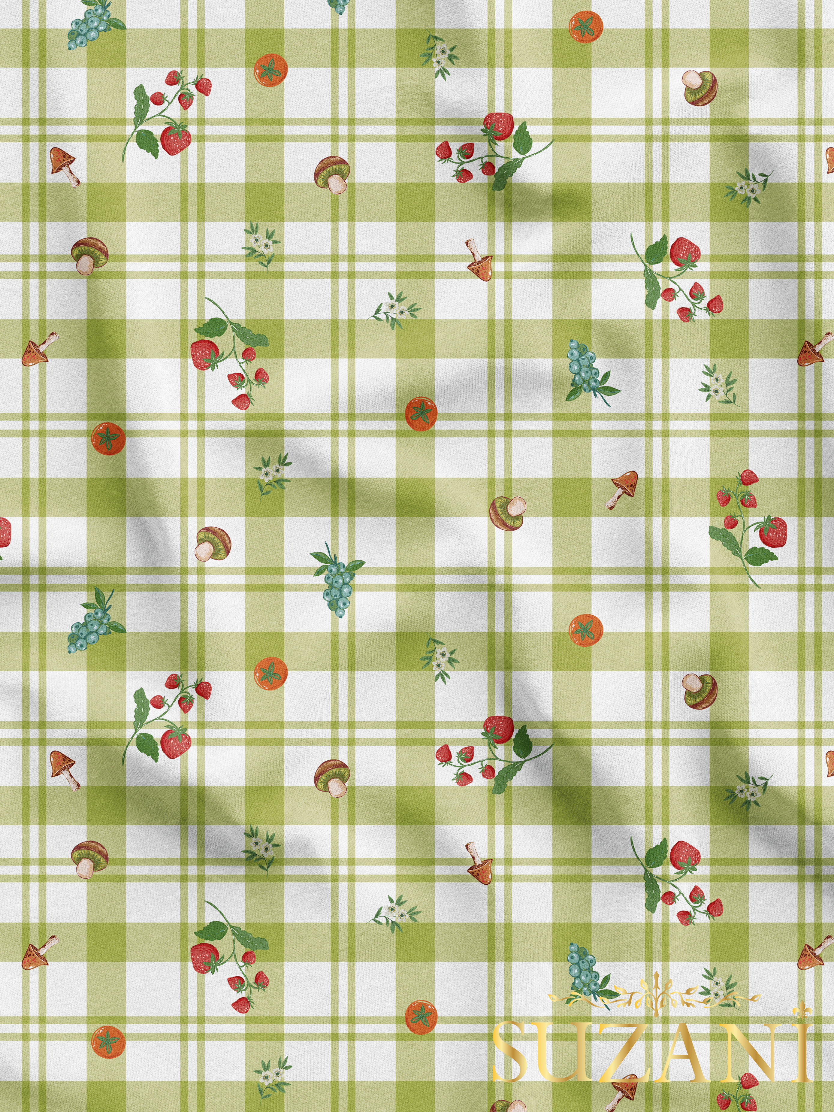 Ekose Kareli Sebze Desenli Dijital Baskılı Kumaş