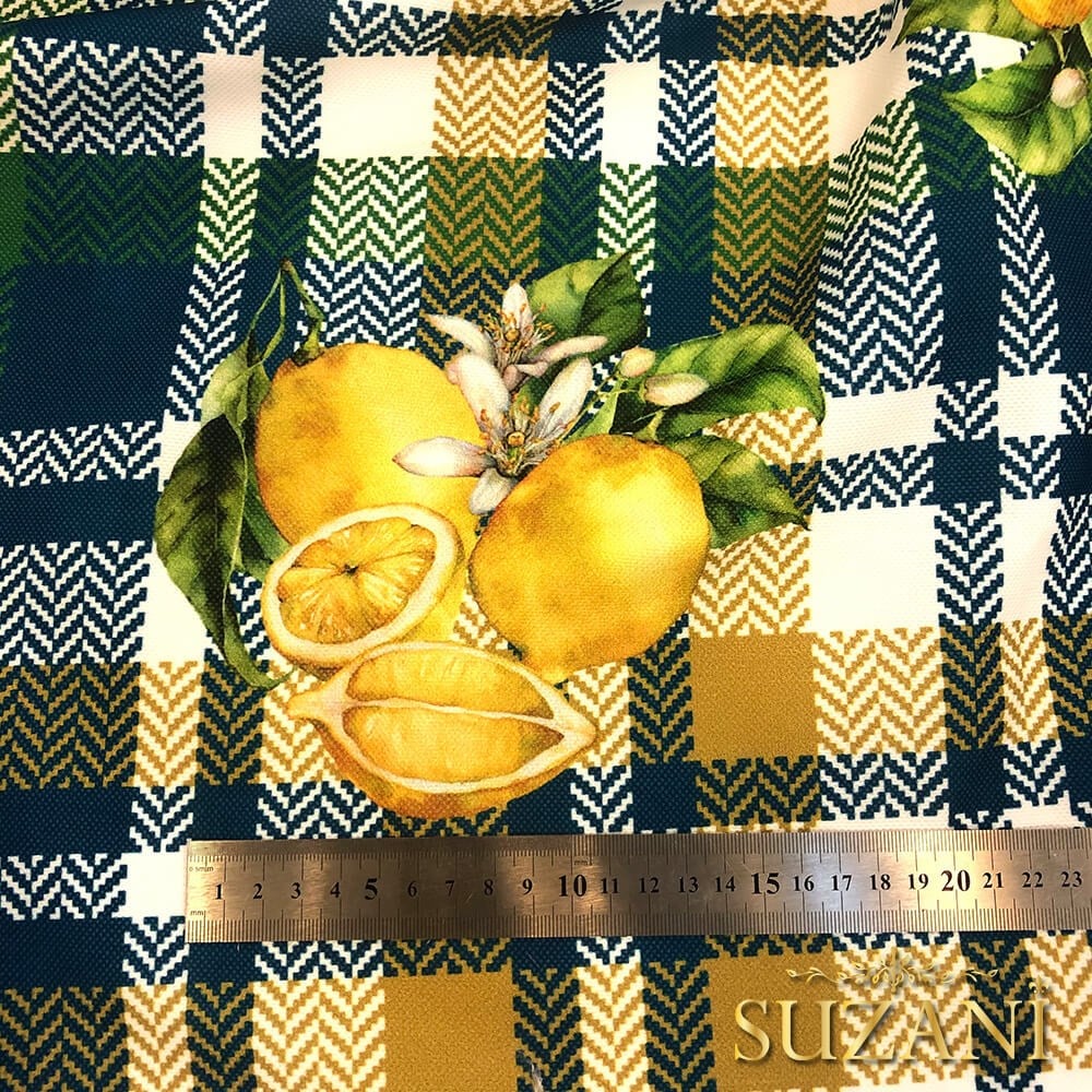 Ekose Üzeri Limon Desenli Dijital Baskılı Kumaş