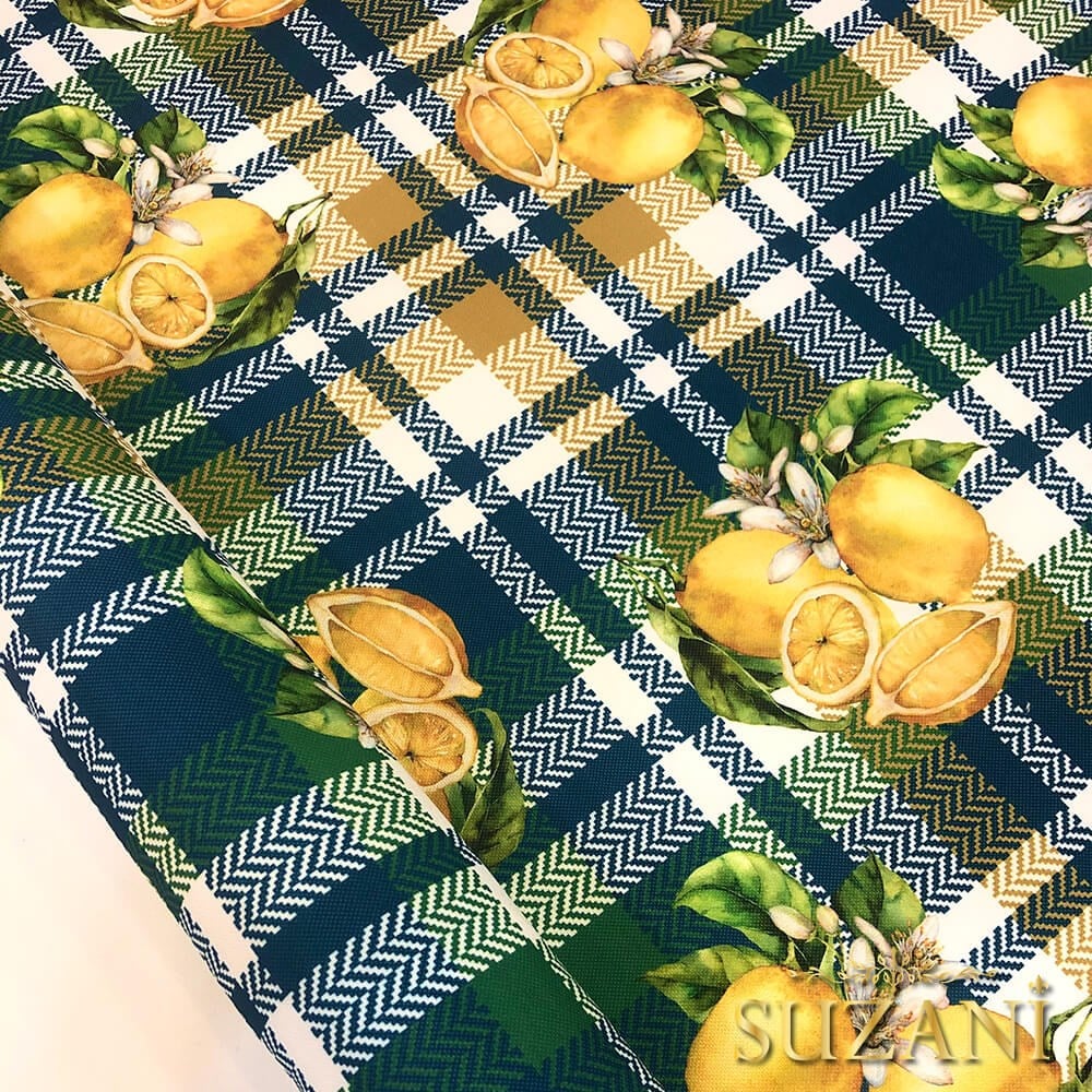 Ekose Üzeri Limon Desenli Dijital Baskılı Kumaş