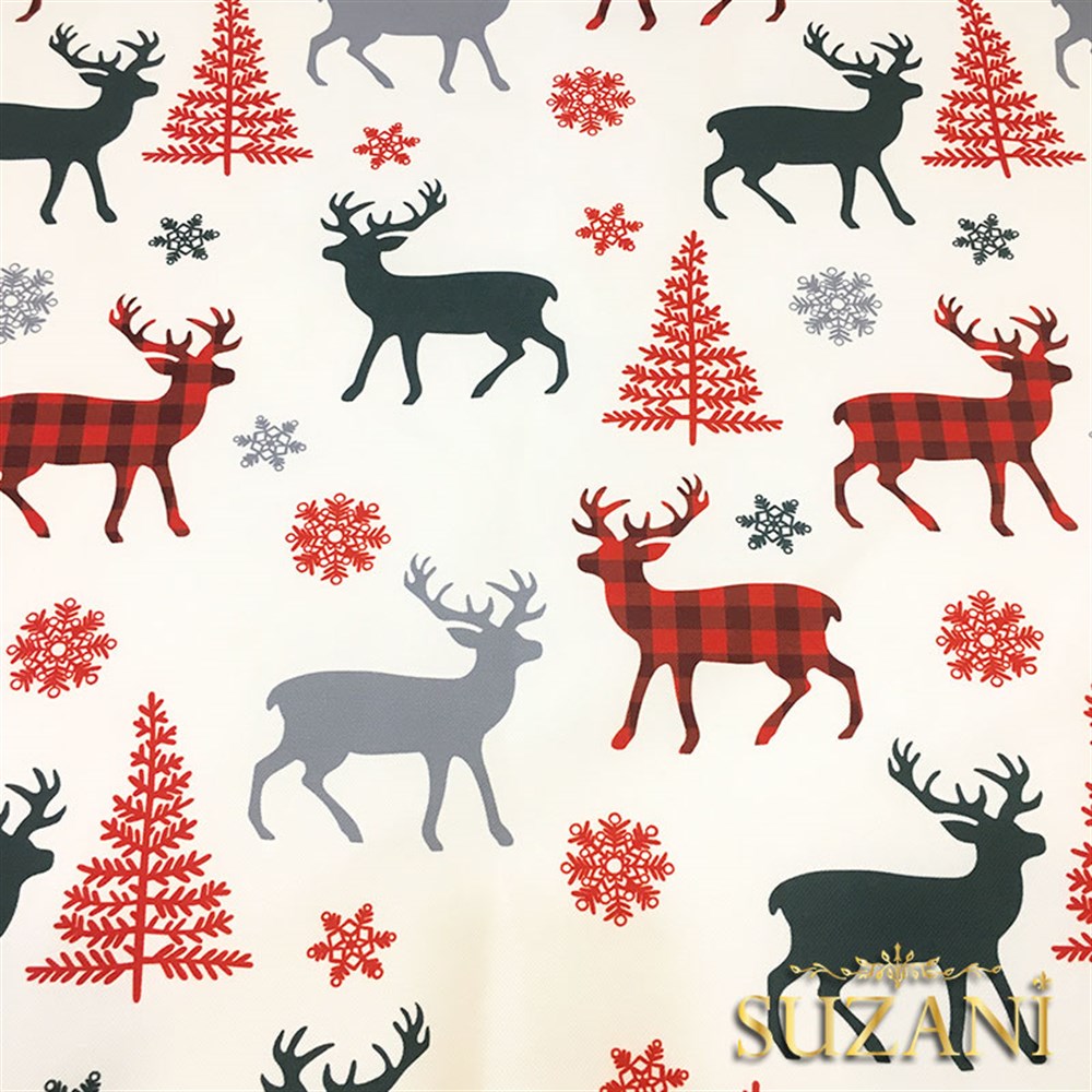 Ekoseli Geyik Yılbaşı Desenli Kumaş