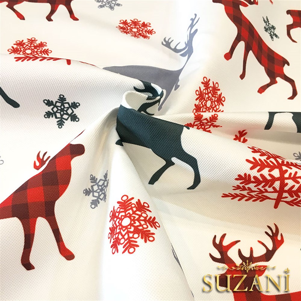 Ekoseli Geyik Yılbaşı Desenli Kumaş
