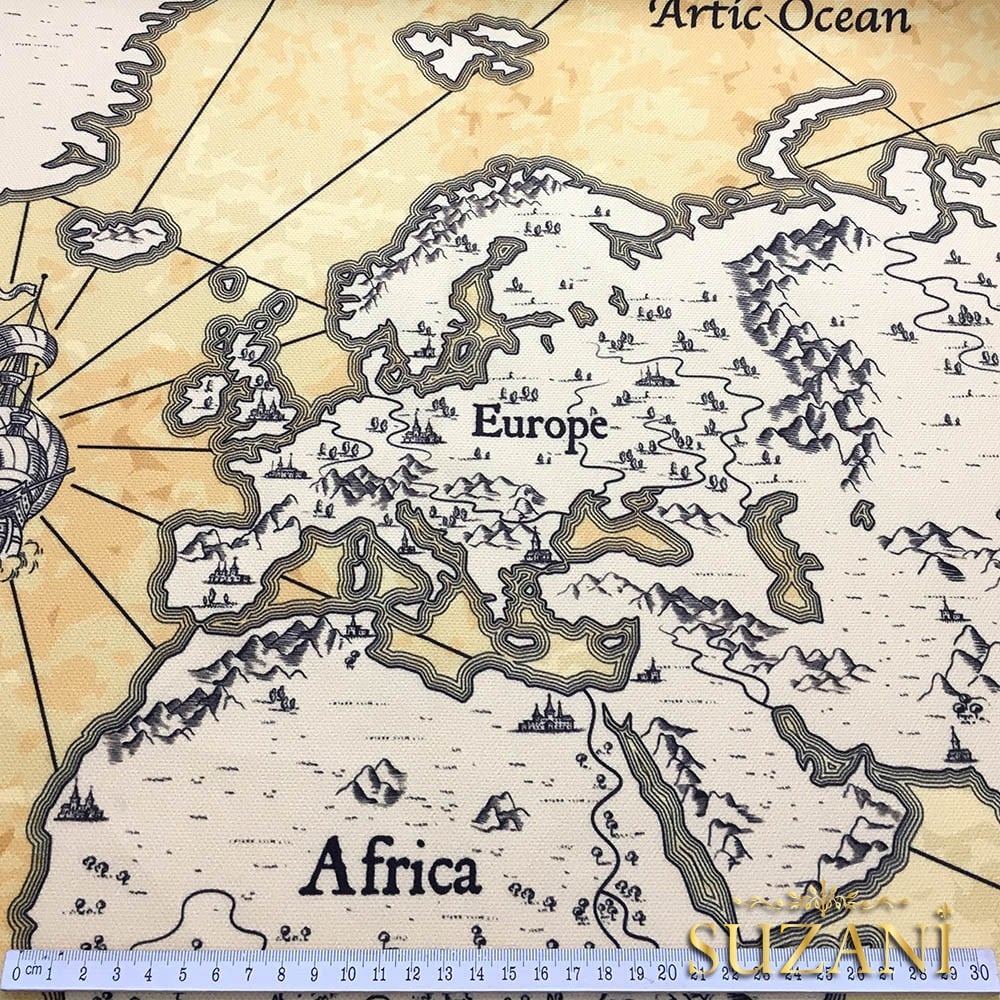 Eskitme Dünya Haritası Desenli Kumaş