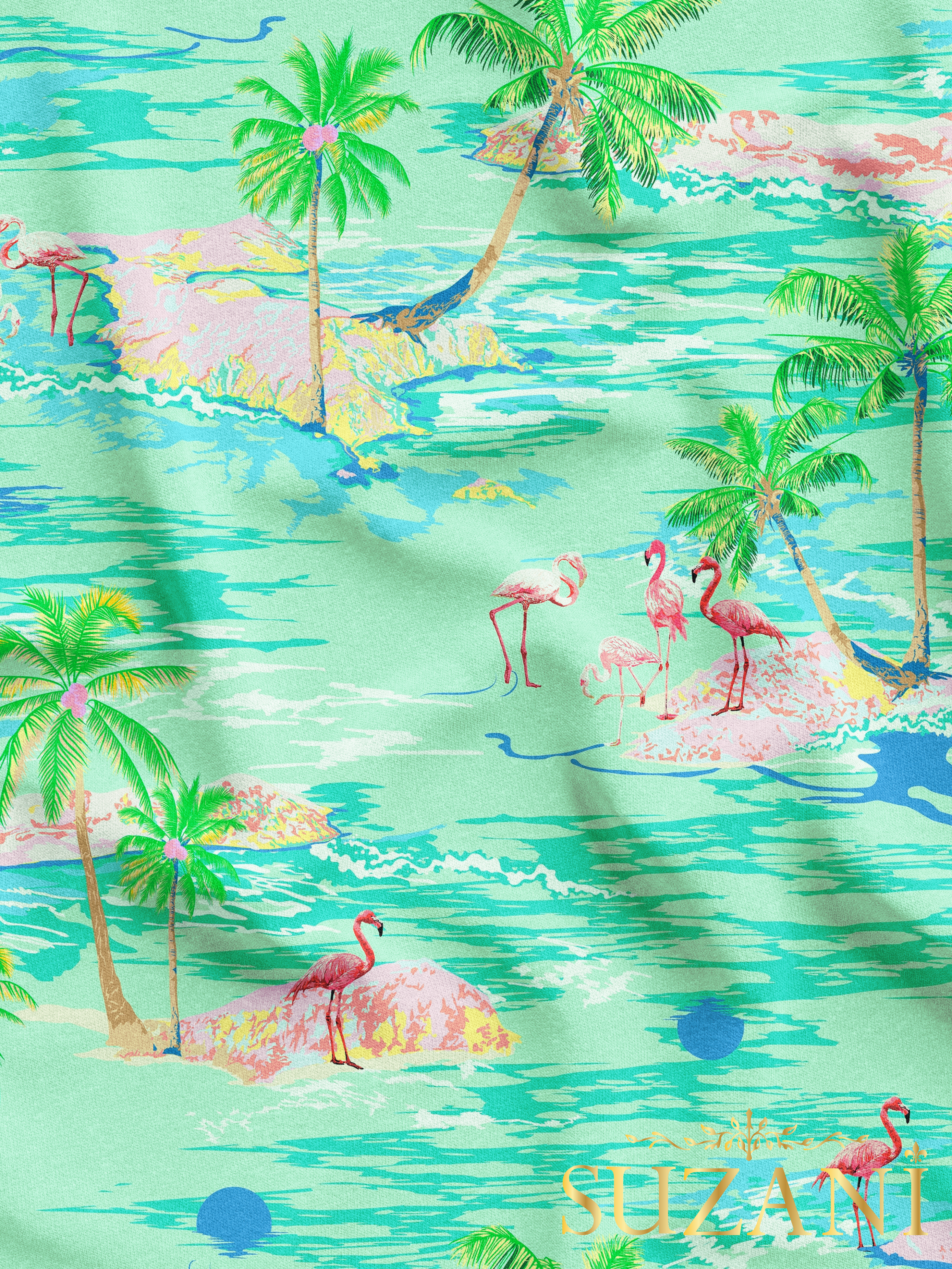 Flamingo Adası Desenli Dijital Baskılı Kumaş