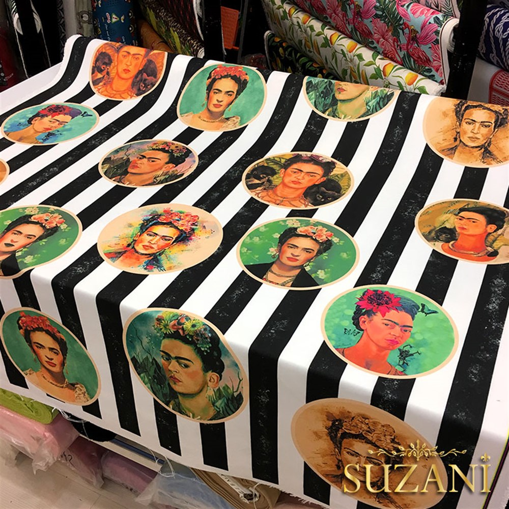 Frida Kahlo Desenli Çizgili Kumaş