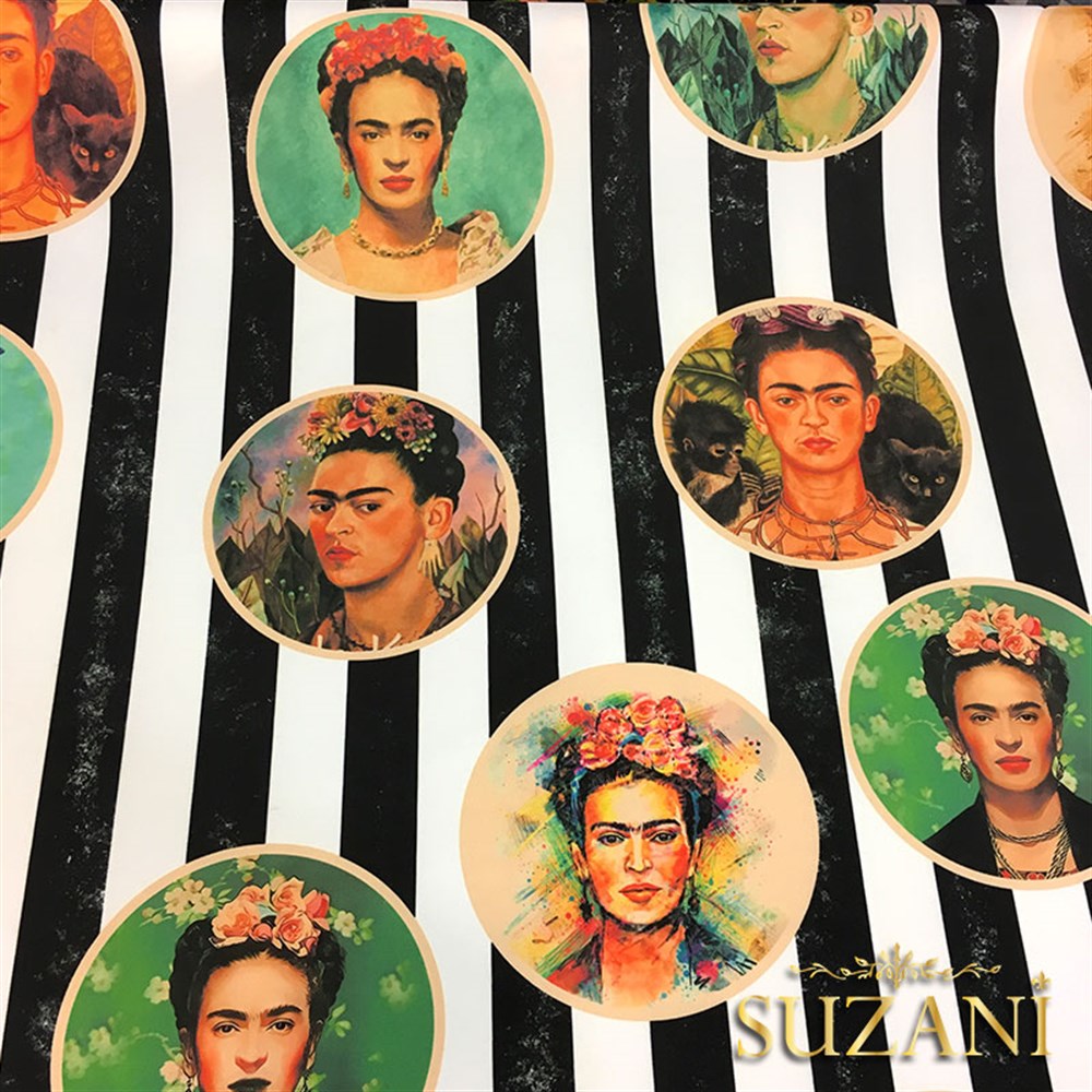 Frida Kahlo Desenli Çizgili Kumaş