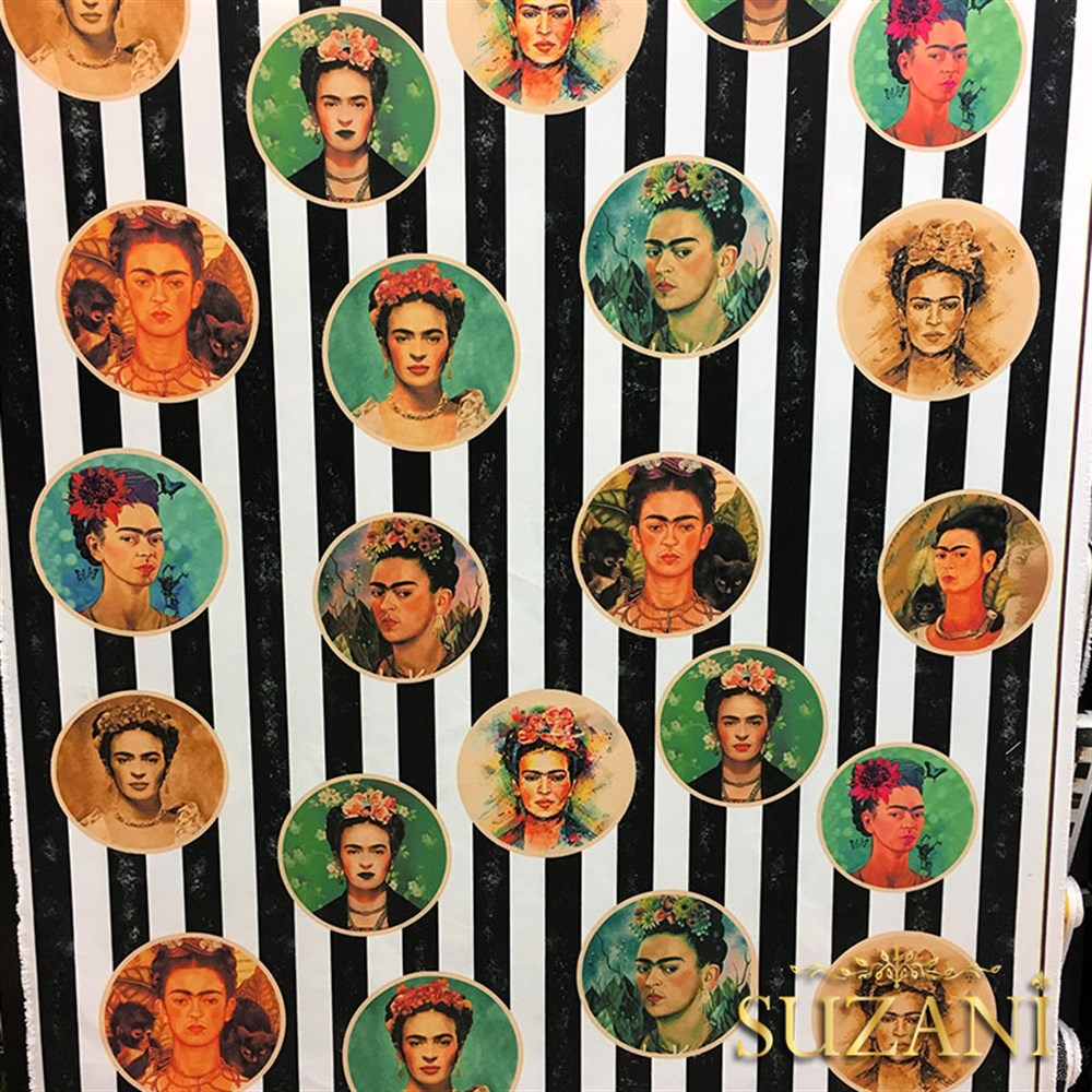 Frida Kahlo Desenli Çizgili Kumaş