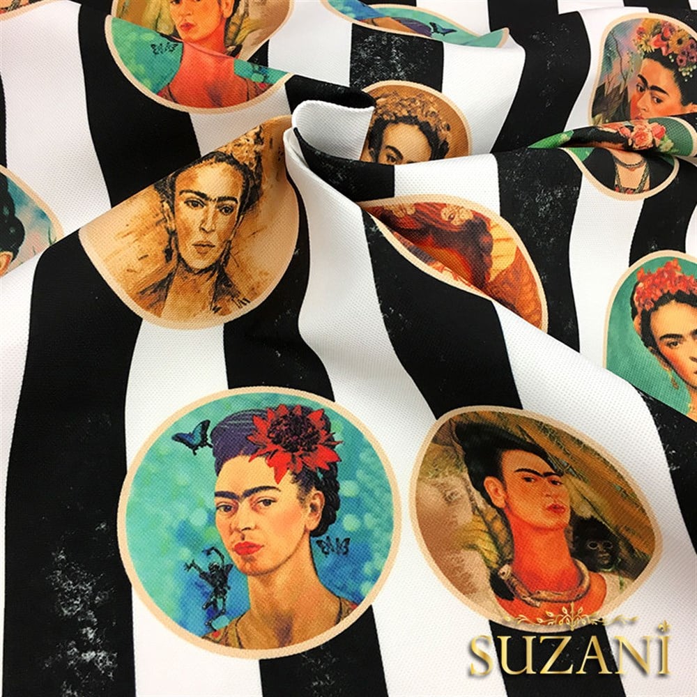 Frida Kahlo Desenli Çizgili Kumaş (Küçük Boy Desenler)