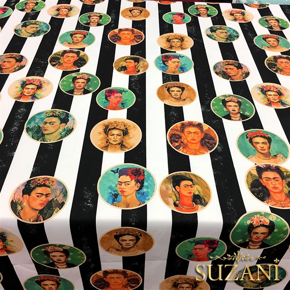 Frida Kahlo Desenli Çizgili Kumaş (Küçük Boy Desenler)