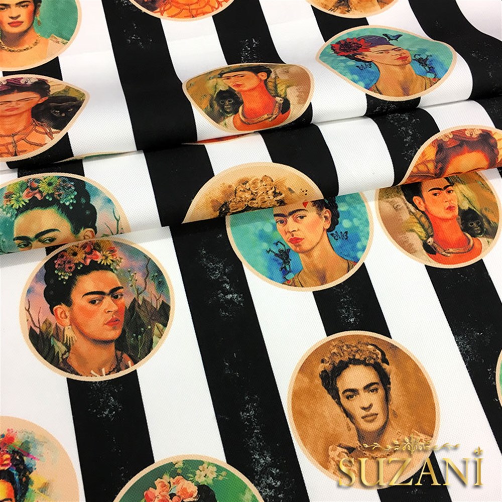Frida Kahlo Desenli Çizgili Kumaş (Küçük Boy Desenler)