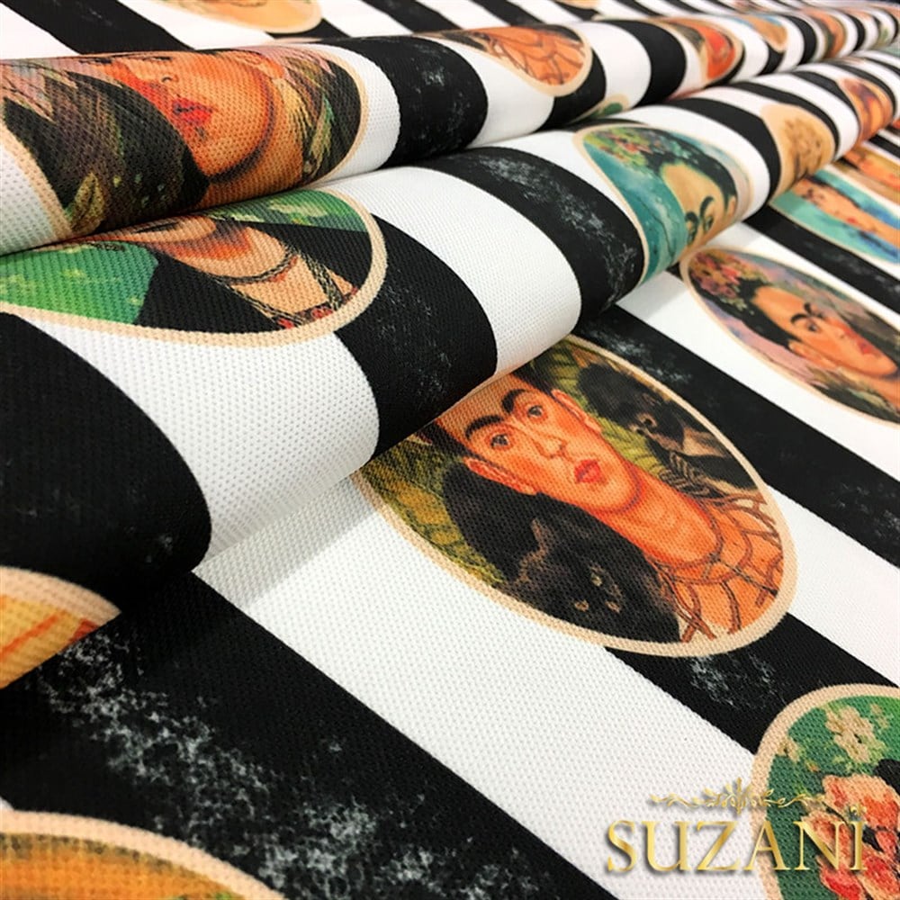 Frida Kahlo Desenli Çizgili Kumaş (Küçük Boy Desenler)