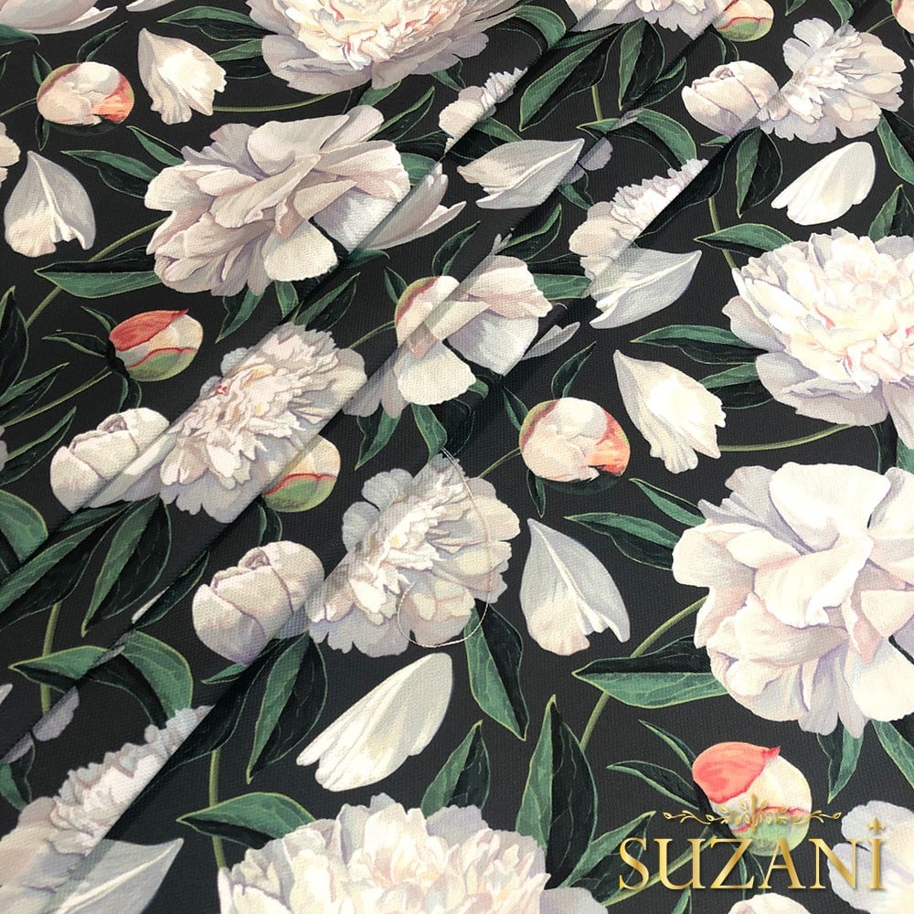 Füme Zemin Beyaz Şakayık Desenli Kumaş