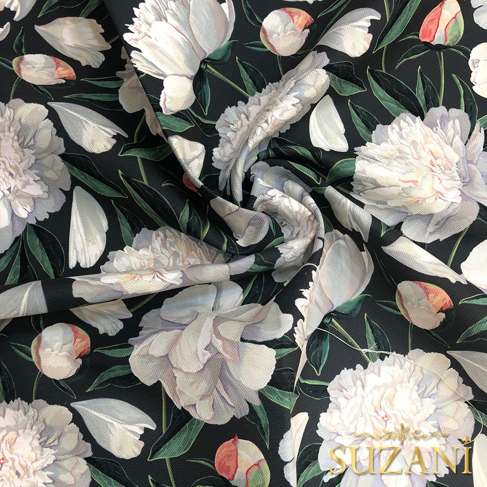 Füme Zemin Beyaz Şakayık Desenli Kumaş