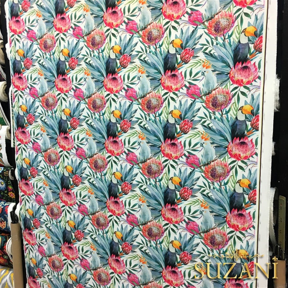 Fuşya Çiçek ve Tukan Desenli Kumaş