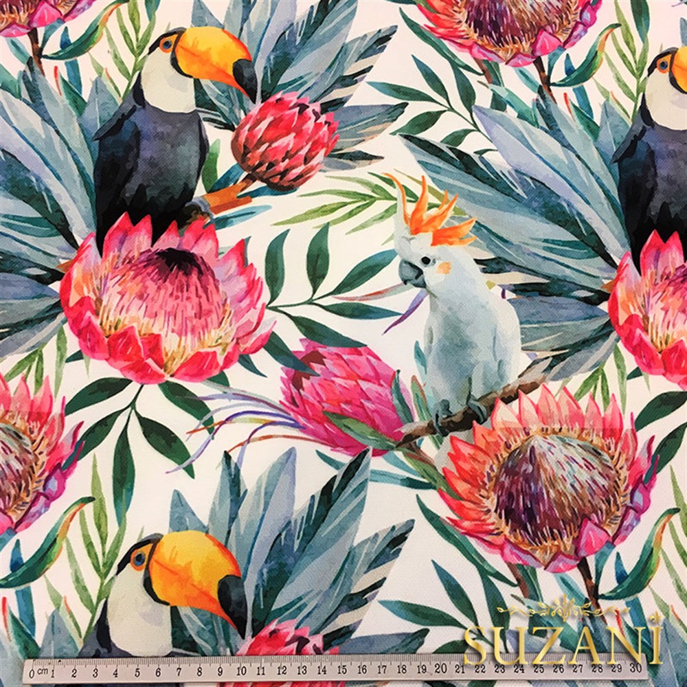 Fuşya Çiçek ve Tukan Desenli Kumaş